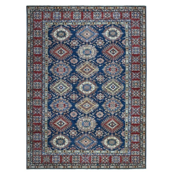 Shahbanu Rugs Blue Super Kazak Geometric Design Pure Wool Hand Knotted Oriental Rug (8'10" x 11'9") - 8'10" x 11'9"