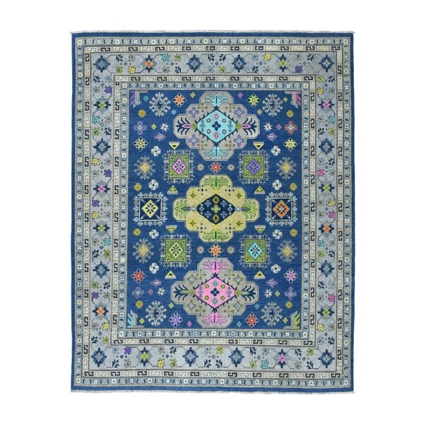 Shahbanu Rugs Colorful Blue Fusion Kazak Pure Wool Hand-Knotted Oriental Rug (8'0" x 9'9") - 8'0" x 9'9"