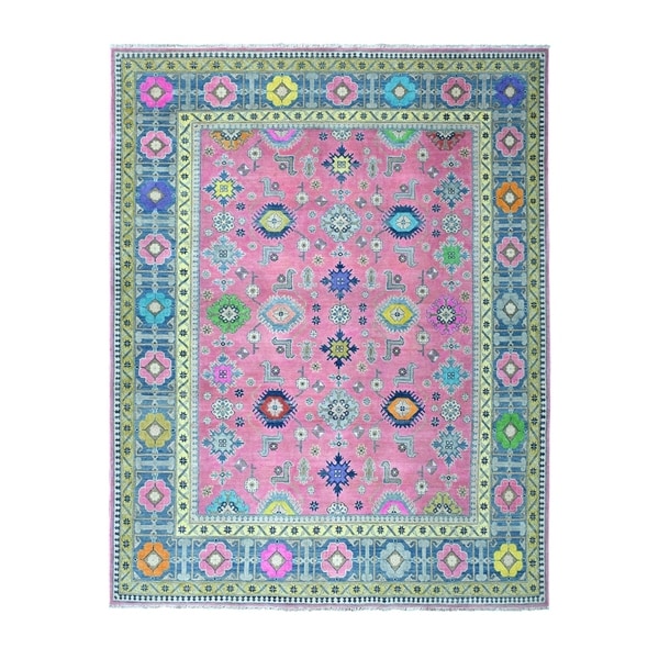 Shahbanu Rugs Pink Colorful Fusion Kazak Pure Wool Geometric Design Hand-Knotted Oriental Rug (8'0" x 9'9") - 8'0" x 9'9"