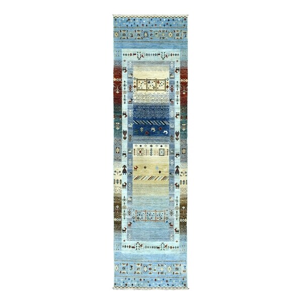 Shahbanu Rugs Denim Blue Kashkuli Gabbeh Pictorial Pure Wool Hand-Knotted Runner Oriental Rug (2'5" x 9'7") - 2'5" x 9'7"