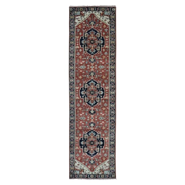 Shahbanu Rugs Red Heriz Revival Pure Wool Hand Knotted Runner Oriental Rug (2'5" x 11'8") - 2'5" x 11'8"
