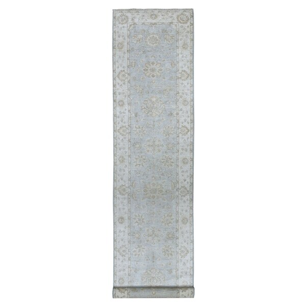 Shahbanu Rugs White Wash Peshawar Pure Wool Hand Knotted Runner Oriental Rug (2'8" x 12'8") - 2'8" x 12'8"