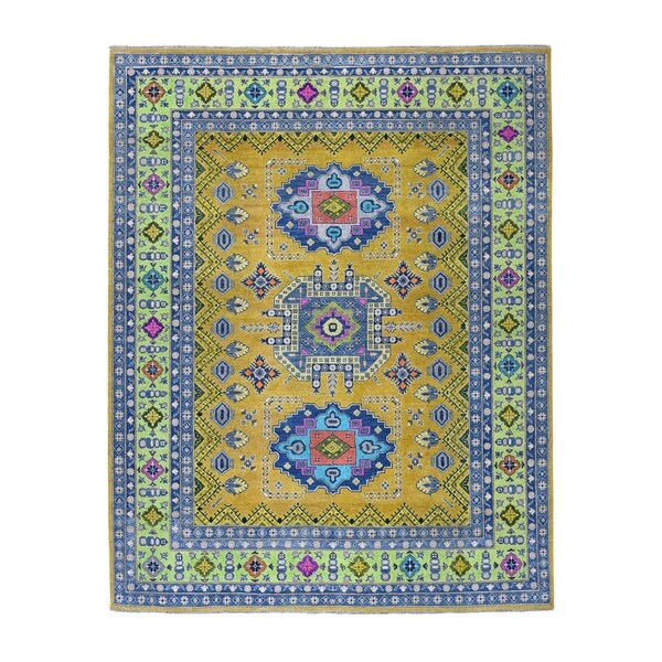 Shahbanu Rugs Colorful Yellow Fusion Kazak Pure Wool Hand-Knotted Oriental Rug (7'10" x 9'9") - 7'10" x 9'9"
