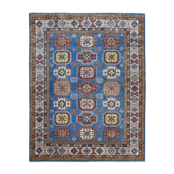 Shahbanu Rugs Blue Super Kazak Geometric Design Pure Wool Hand Knotted Oriental Rug (8'0" x 10'0") - 8'0" x 10'0"