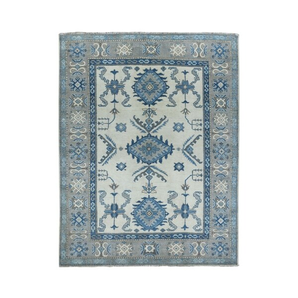 Shahbanu Rugs Ivory Vintage Look kazak Geometric Design Pure wool Hand-Knotted Oriental Rug (5'0" x 6'6") - 5'0" x 6'6"