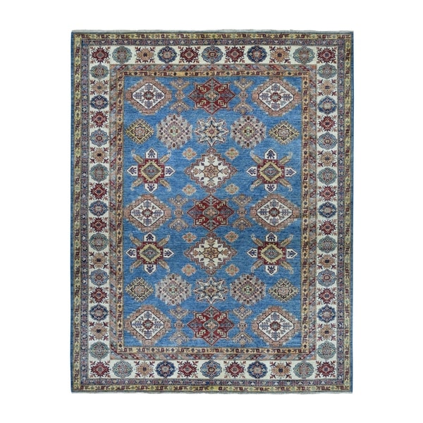 Shahbanu Rugs Blue Super Kazak Geometric Design Pure Wool Hand-Knotted Oriental Rug (8'2" x 9'9") - 8'2" x 9'9"