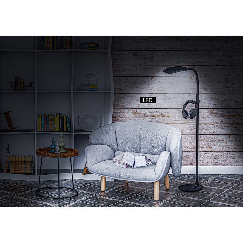 Artiva PRO-Vision Full Spectrum LED Floor Lamp with Accessory Hangers & Reading Magnifier, 62"H, Black