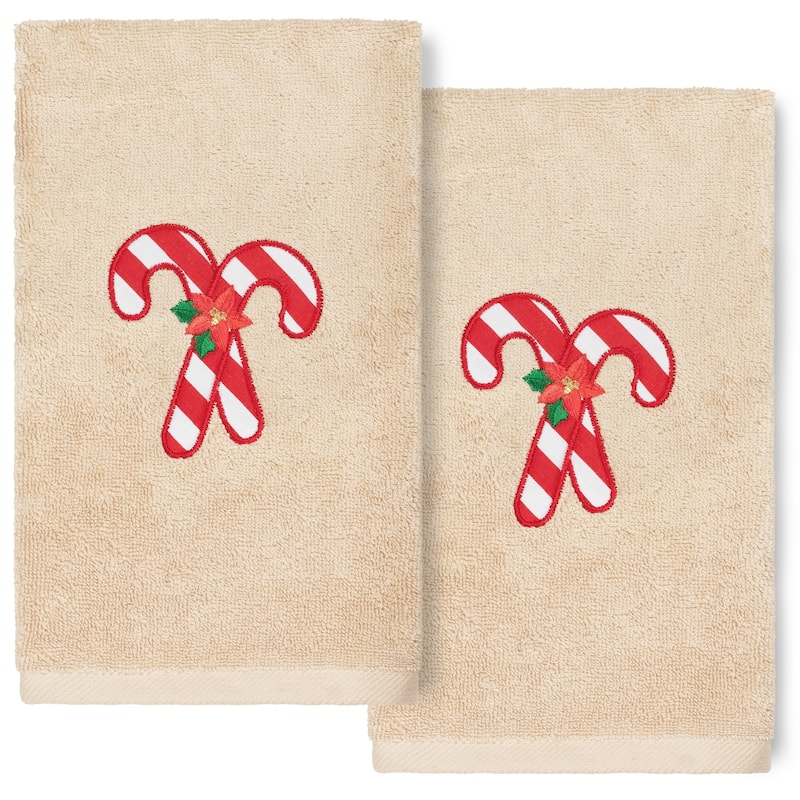 Authentic Hotel and Spa Christmas Candy Canes Embroidered Luxury 100% Turkish Cotton Hand Towels (Set of 2) - Sand