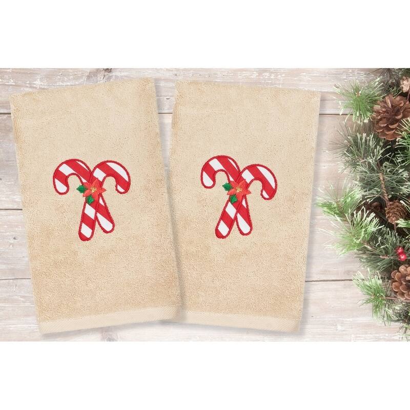 Authentic Hotel and Spa Christmas Candy Canes Embroidered Luxury 100% Turkish Cotton Hand Towels (Set of 2)