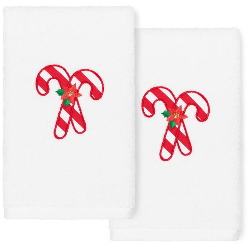 Authentic Hotel and Spa Christmas Candy Canes Embroidered Luxury 100% Turkish Cotton Hand Towels (Set of 2) - White