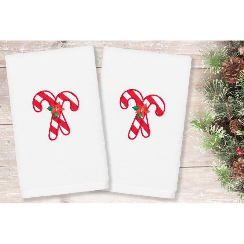 Authentic Hotel and Spa Christmas Candy Canes Embroidered Luxury 100% Turkish Cotton Hand Towels (Set of 2)