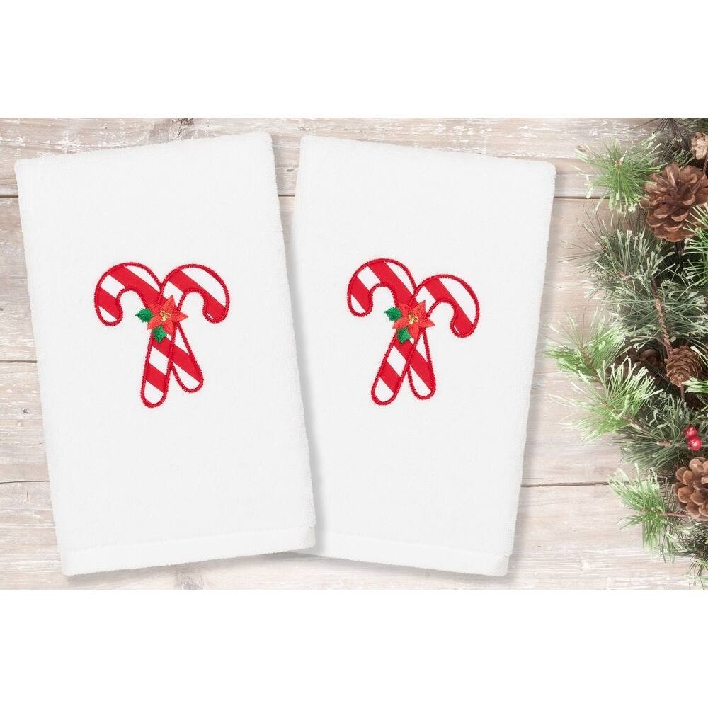 Authentic Hotel and Spa Christmas Candy Canes Embroidered Luxury 100% Turkish Cotton Hand Towels (Set of 2)