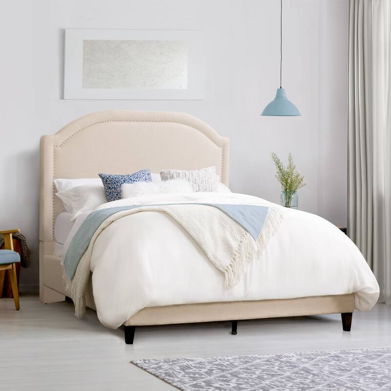 CorLiving Florence Fabric Bed Frame with Arched Headboard and Nailhead Trim Accents