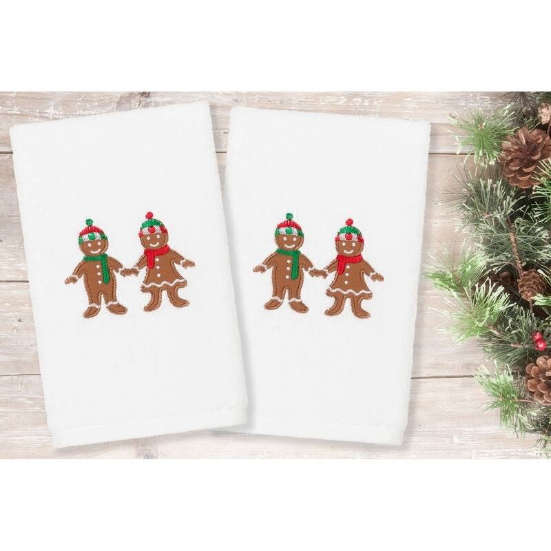 Authentic Hotel and Spa Christmas Gingerbread Embroidered Luxury 100% Turkish Cotton Hand Towels (Set of 2)