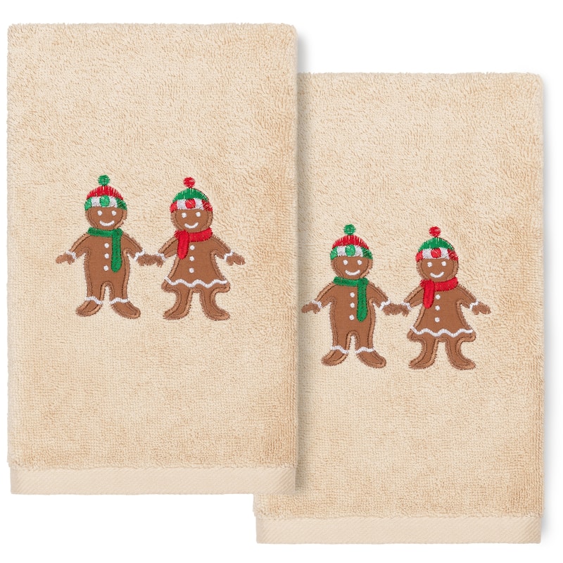 Authentic Hotel and Spa Christmas Gingerbread Embroidered Luxury 100% Turkish Cotton Hand Towels (Set of 2) - Sand