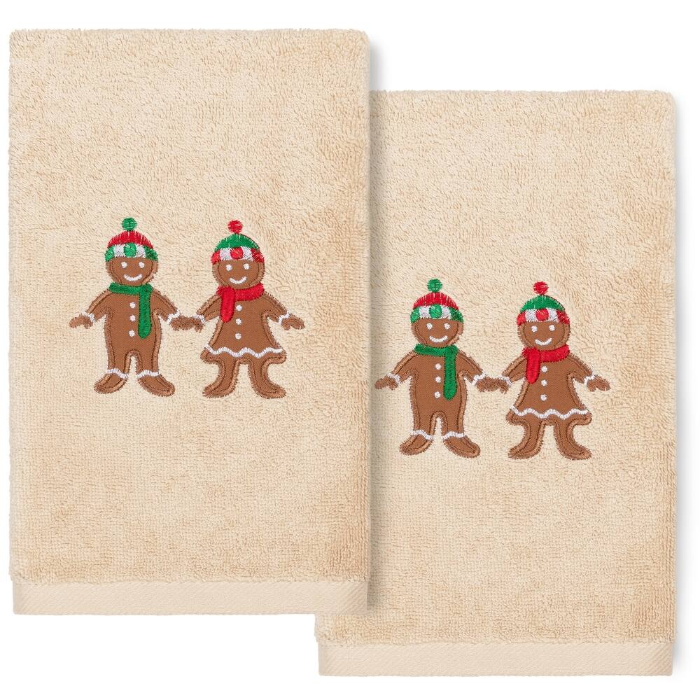 Authentic Hotel and Spa Christmas Gingerbread Embroidered Luxury 100% Turkish Cotton Hand Towels (Set of 2)