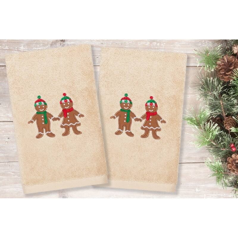 Authentic Hotel and Spa Christmas Gingerbread Embroidered Luxury 100% Turkish Cotton Hand Towels (Set of 2)