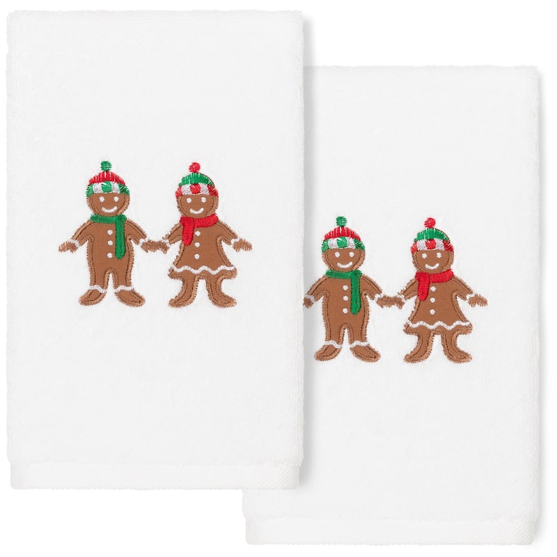 Authentic Hotel and Spa Christmas Gingerbread Embroidered Luxury 100% Turkish Cotton Hand Towels (Set of 2) - White