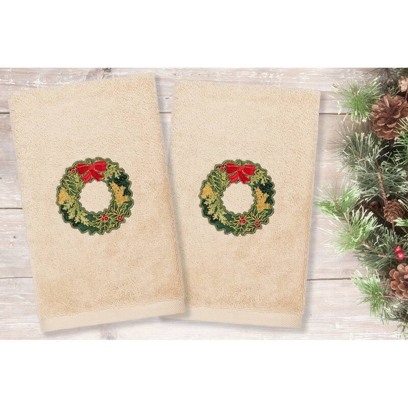 Authentic Hotel and Spa Christmas Wreath Embroidered Luxury 100% Turkish Cotton Hand Towels (Set of 2)