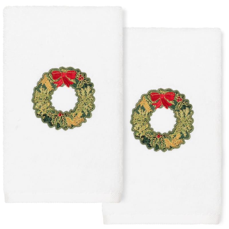 Authentic Hotel and Spa Christmas Wreath Embroidered Luxury 100% Turkish Cotton Hand Towels (Set of 2) - White
