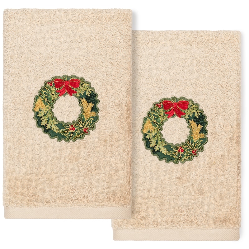 Authentic Hotel and Spa Christmas Wreath Embroidered Luxury 100% Turkish Cotton Hand Towels (Set of 2) - Sand