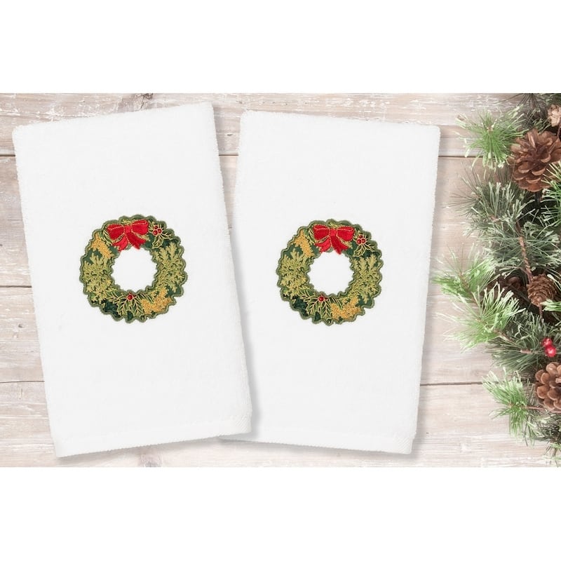 Authentic Hotel and Spa Christmas Wreath Embroidered Luxury 100% Turkish Cotton Hand Towels (Set of 2)
