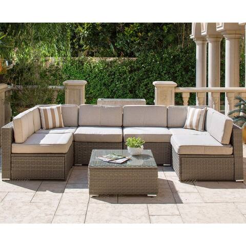 Solaura Outdoor 7-Piece Grey Wicker Sectional Sofa Coffee Table Set