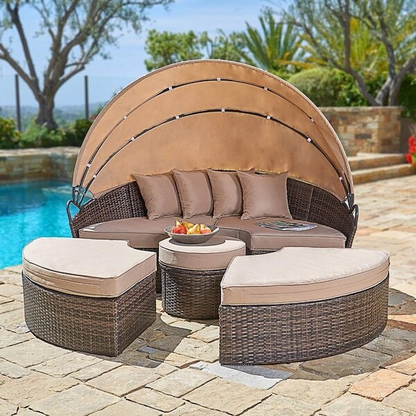 Suncrown Outdoor 5-Piece Wicker Patio Canopy Daybed