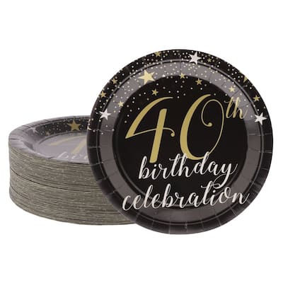 80-Count Black Paper Disposable Plates for 40th Birthday Party Celebration
