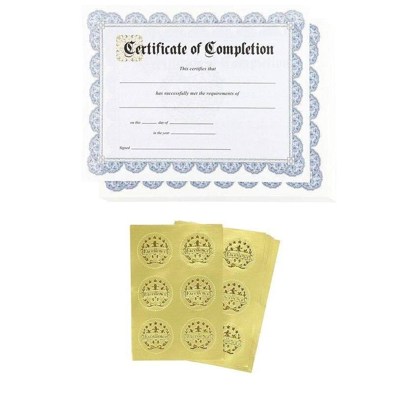Paper Junkie 48 Sheets Blue Certificate of Completion Award Paper w/ Foil Stickers, 8.5 x 11