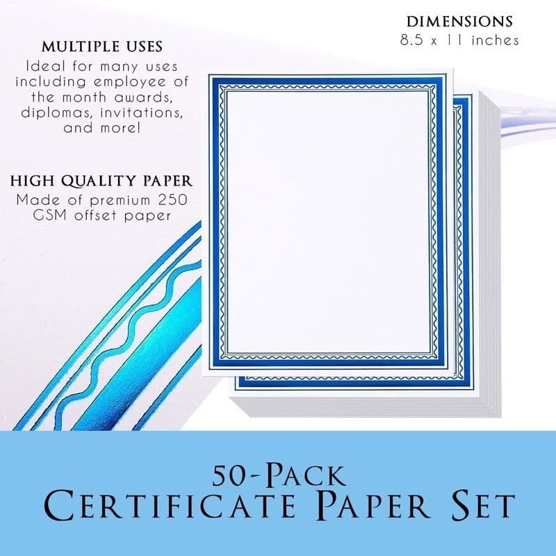 Paper Junkie 50 Pack Blank Certificate Award Printer Paper Blue Foil Border 8.5" x 11"