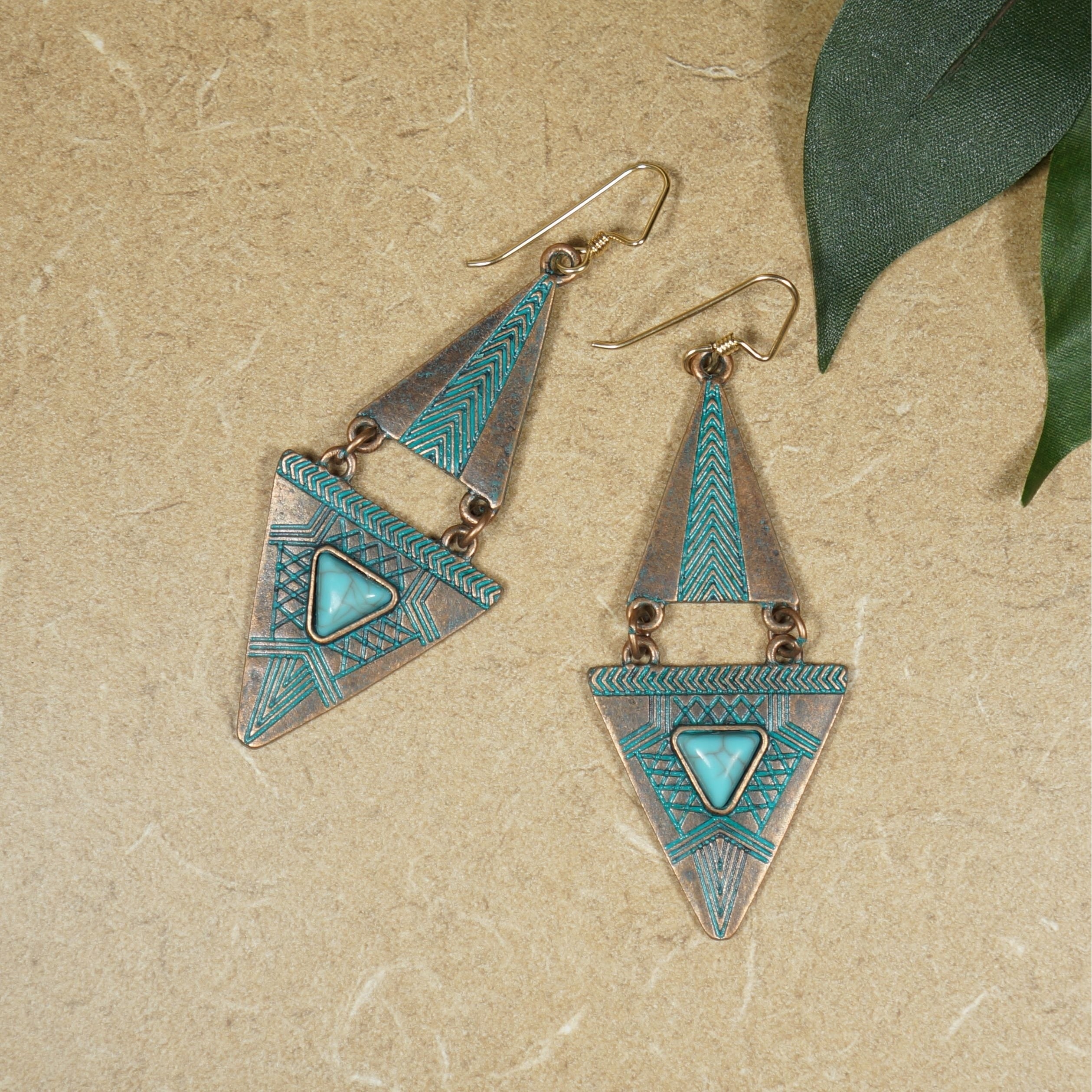 Trianglular Bohemian Earrings with Lava Bead Long Dangle Patina Copper Earrings Geometric Vintage Earrings Turquoise Boho Summer Earrings