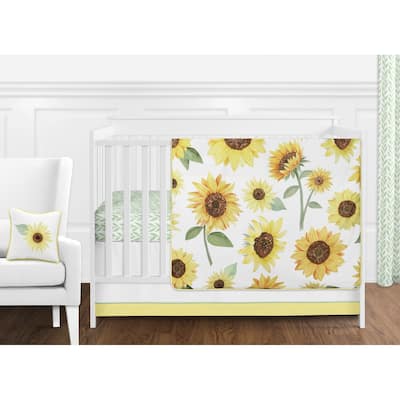 Sweet Jojo Designs Yellow Green White Boho Floral Sunflower 11-pc Girl Nursery Crib Bedding Set - Farmhouse Watercolor Flower