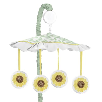 Sweet Jojo Designs Yellow Green White Boho Floral Sunflower Collection Girl Musical Crib Mobile - Farmhouse Watercolor Flower