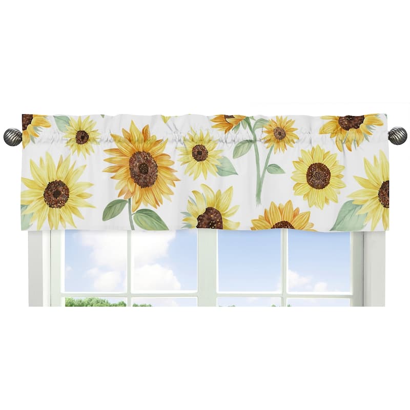 Sweet Jojo Designs Yellow, Green and White Boho Floral Sunflower Collection Window Curtain Valance - Farmhouse Watercolor Flower