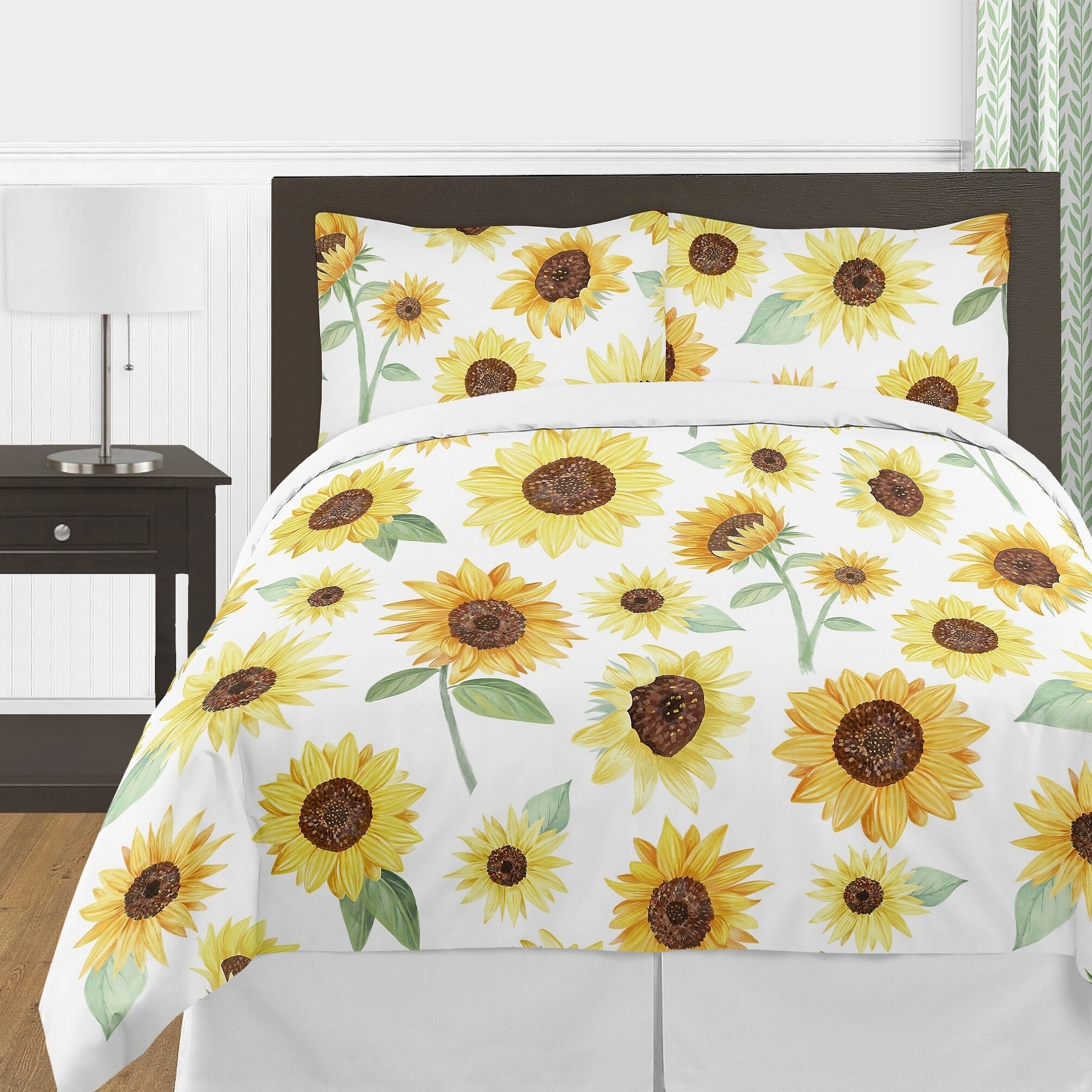 Sweet Jojo Sunflower Boho Floral Yellow Green White 3pc Full Queen Bedding Set 