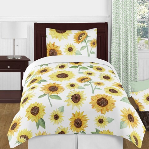 Sweet Jojo Designs Yellow Green White Boho Floral Sunflower Collection Girl 4pc Twin Comforter Set - Farmhouse Watercolor Flower