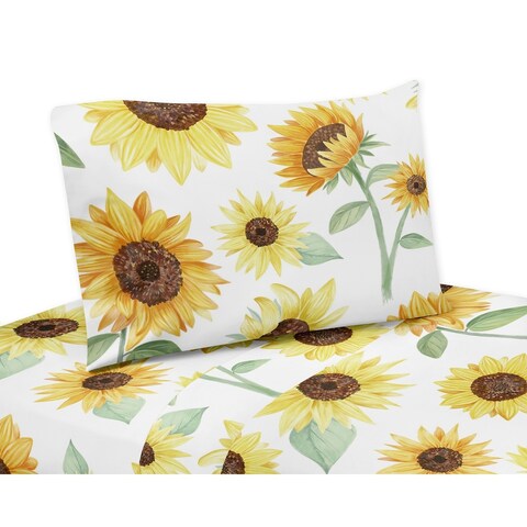 Sweet Jojo Designs Yellow, Green and White Boho Floral Sunflower Collection 3-piece Twin Sheet Set - Farmhouse Watercolor Flower