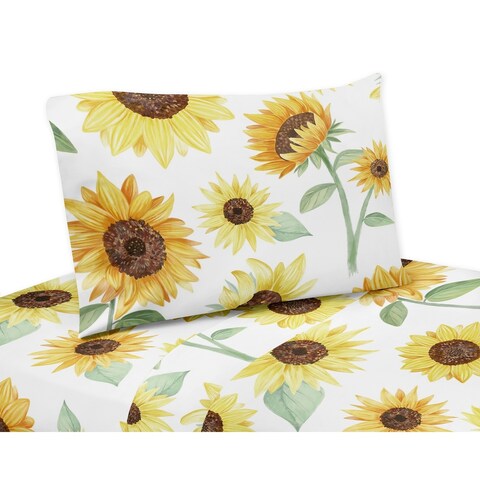 Sweet Jojo Designs Yellow Green and White Boho Floral Sunflower Collection 4-piece Queen Sheet Set - Farmhouse Watercolor Flower
