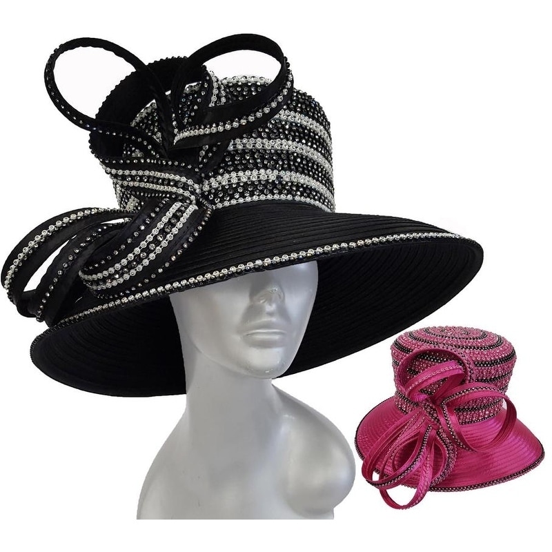 Women/'s Designer Couture Church Satin Ribbon Crystal Rhinestone Hat Fuchsia