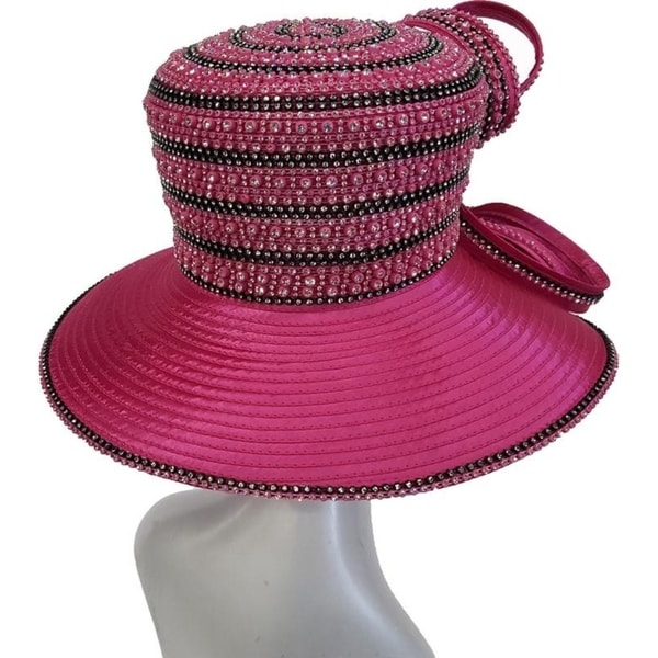 Women/'s Designer Couture Church Satin Ribbon Crystal Rhinestone Hat Fuchsia