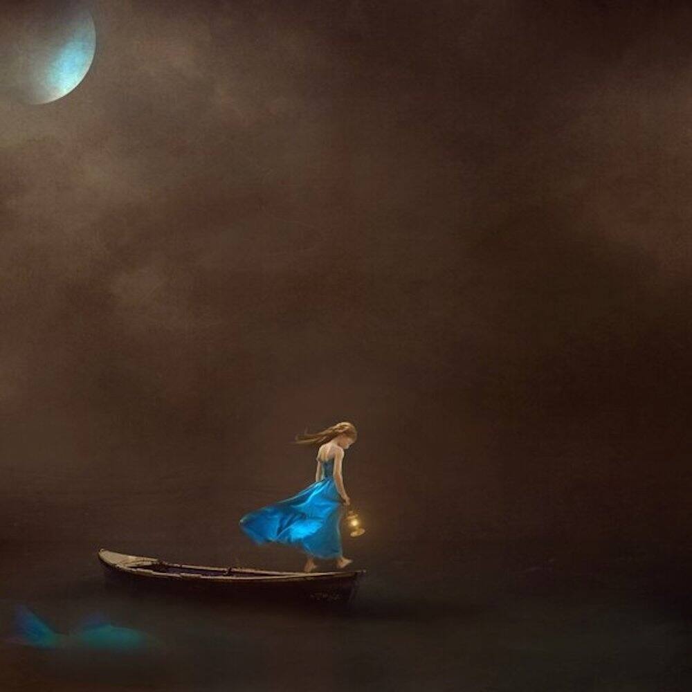 CANVAS Single-Lady Under the Moon in a Boat by Ellen McDermott