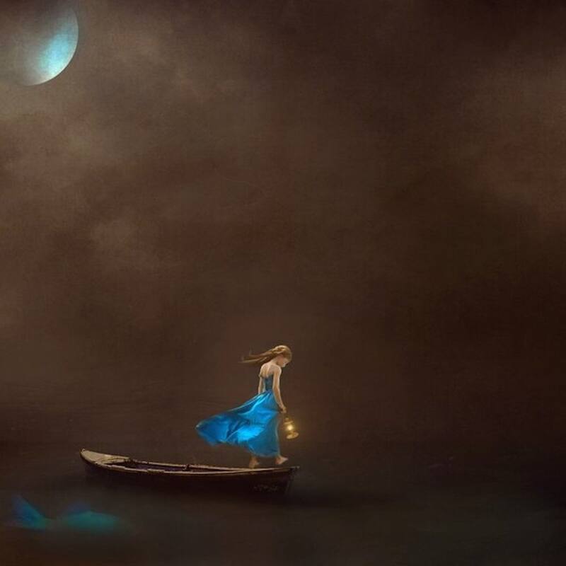 CANVAS Single-Lady Under the Moon in a Boat by Ellen McDermott