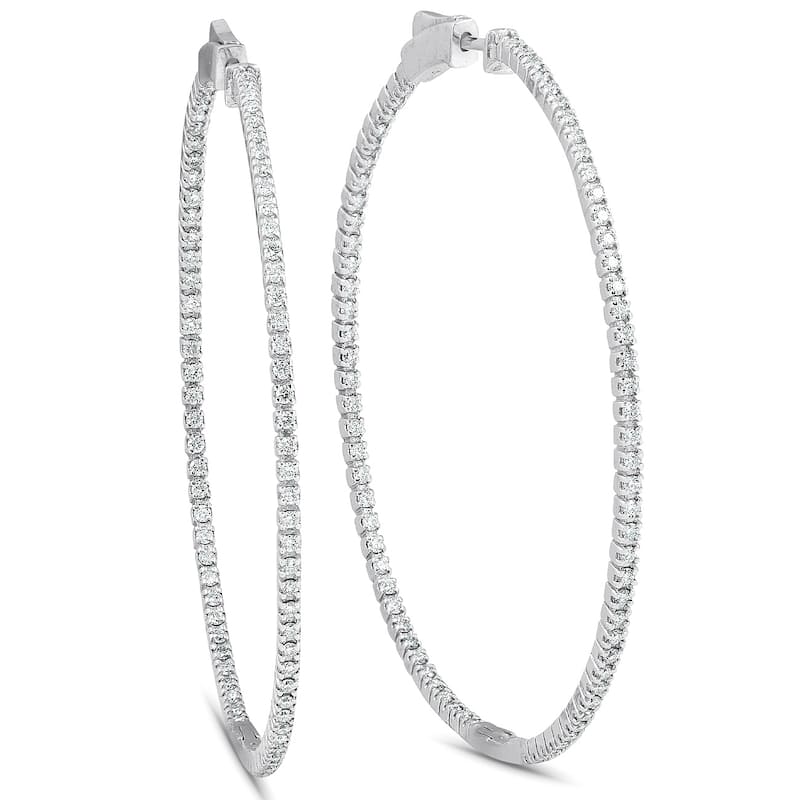 1.20Ct Diamond Inside Outside Skinny Hoops 14k White Gold Lab Grown2" Tall