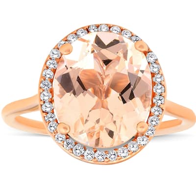 5 1/2 Ct TW Halo Diamond & Oval 10x12 Morganite Ring 14k Rose Gold - Pink