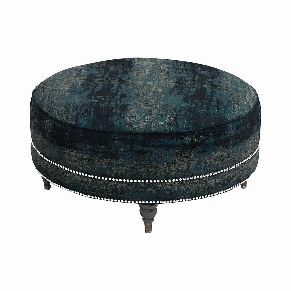 Huxley Blue Upholstered Round Ottoman with Casters
