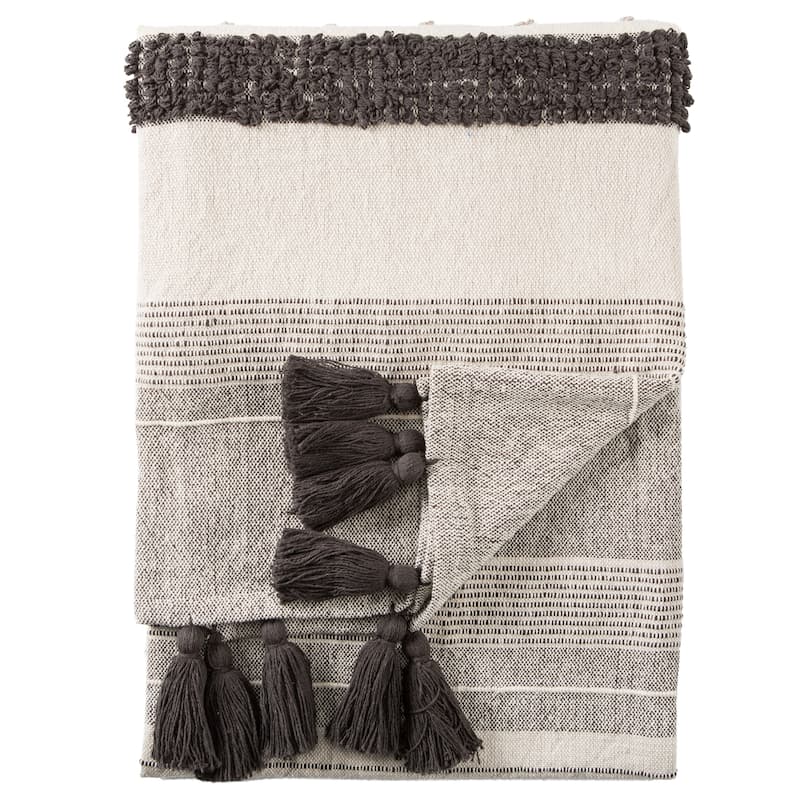 The Curated Nomad Otis Striped Grey and Ivory Throw Blanket - 60"X90" - Grey/Ivory