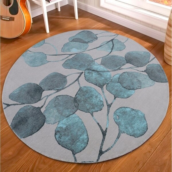 RugSmith Turquoise Ficus Modern Floral Round Area Rug, 5'6" x 5'6" Round - 6' Round