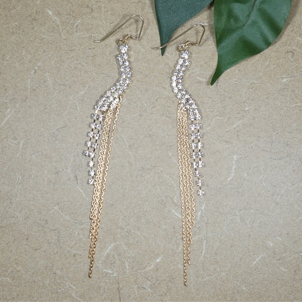 Handmade Long Rhinestone And Gold Chains Earrings On Rhinestone And Gold Chains Earrings