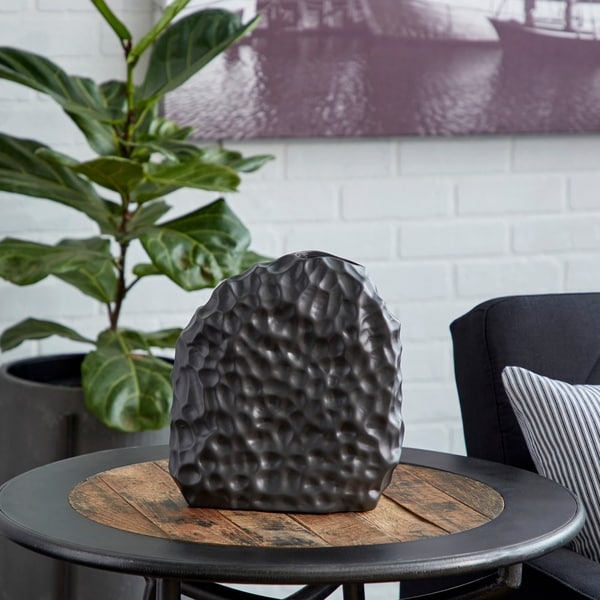 Studio 350 Modern Black Ceramic Vase with Fossil Imprint, 10" x 11"